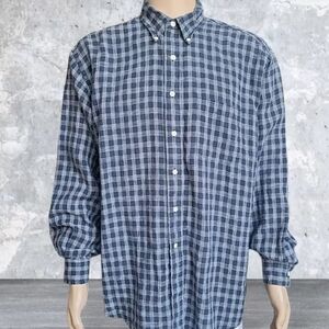 Vintage Brooks Sport Shirt Men Large Blue Plaid 100% Linen Button-Down Preppy